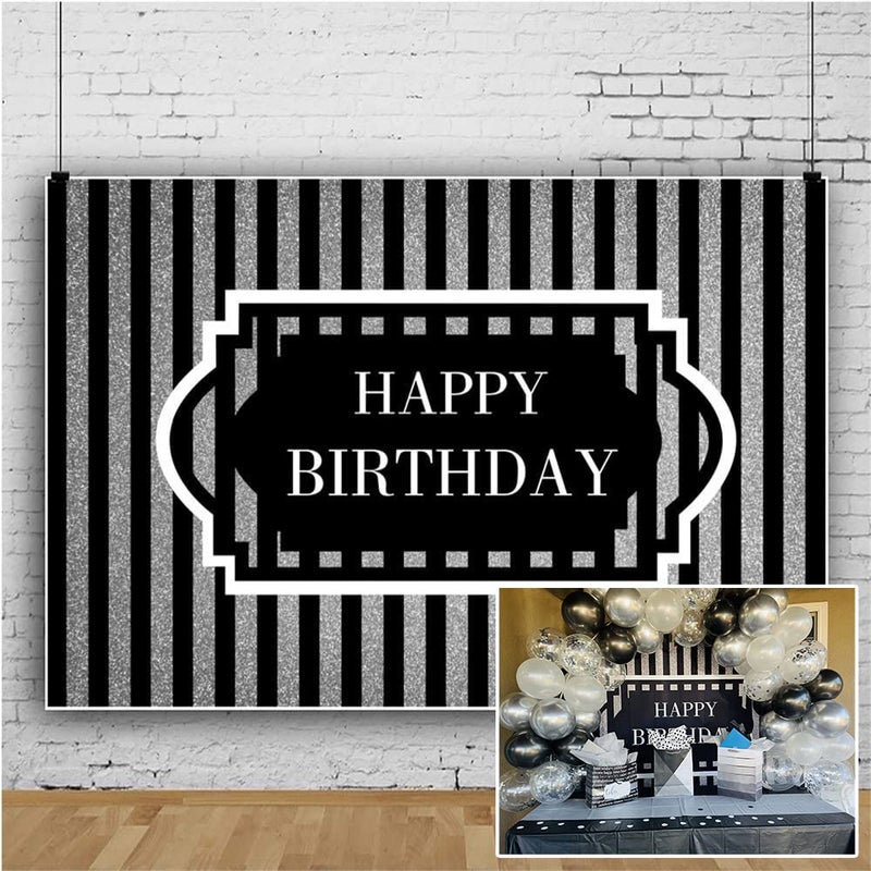 YongFoto 7x5ft Happy Birthday Backdrop for Men Black Silver Striped Bday Banner 40th 50th 60th Background Decorations for Men - Image 1
